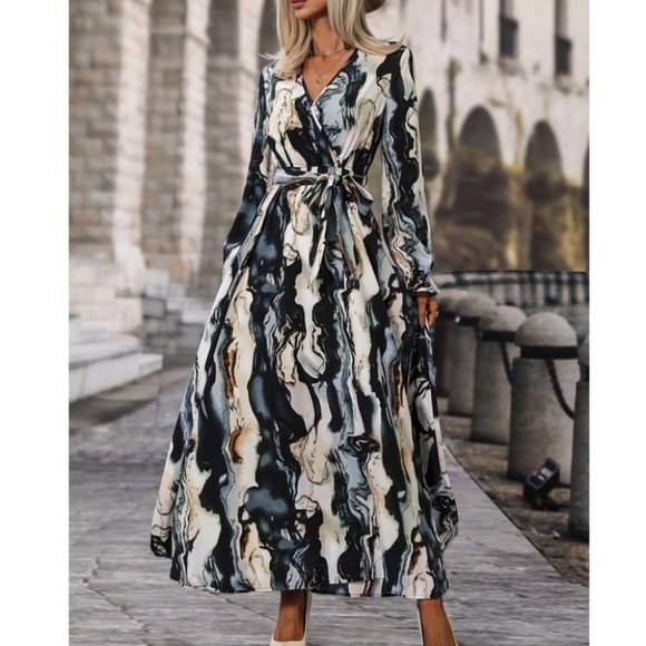 Belted Flounce Sleeve A-Line Marble Print maxi Dress - Picture 7 of 7